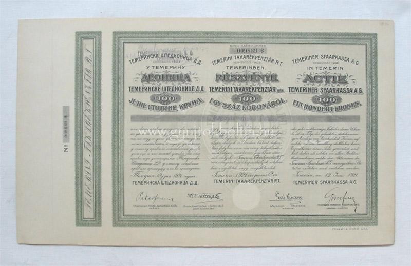 Temerini Takarékpénztár részvény 100 korona 1921 (SRB)